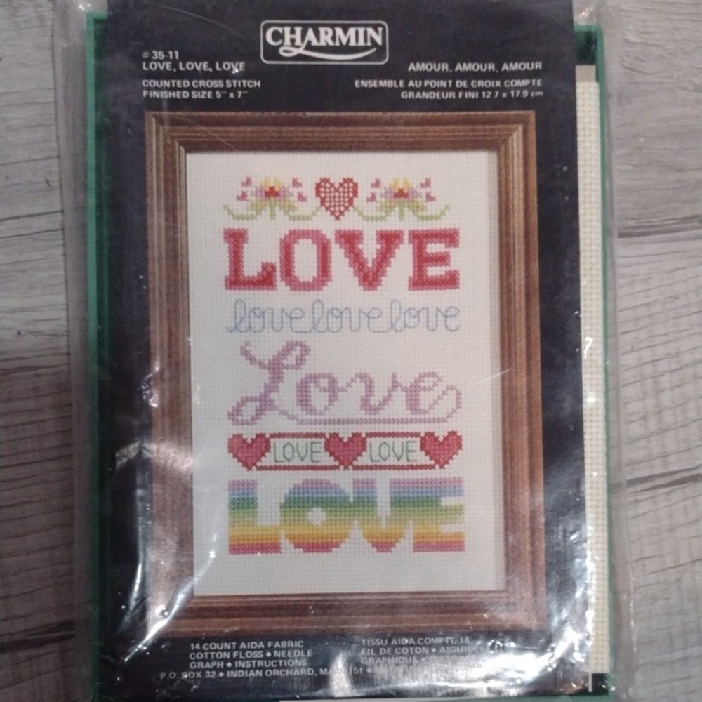 Charmin Vintage Love, Love, Love Counted Cross Stitch Kit with Rainbow